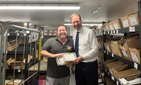 Jesse Norman with Adam Duggan of Wiltshire Fine Foods in the freezer at their Whitchurch depot. 
